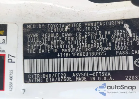 2012 Toyota Camry Se from USA, damaged, VIN 4T1BF1FK8CU180925